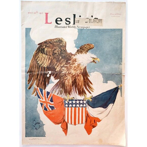 1917 WW1 Bald Eagle Alliance Flags Leslie's Weekly Cover Page Military DWII30 - Picture 2 of 2